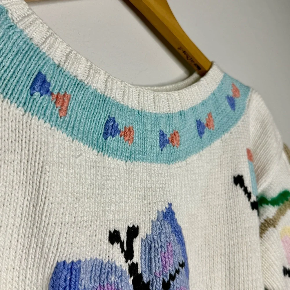 BEREK Vintage Hand Knit 100% Cotton Butterfly Patterned White Sweater - Picture 3 of 4